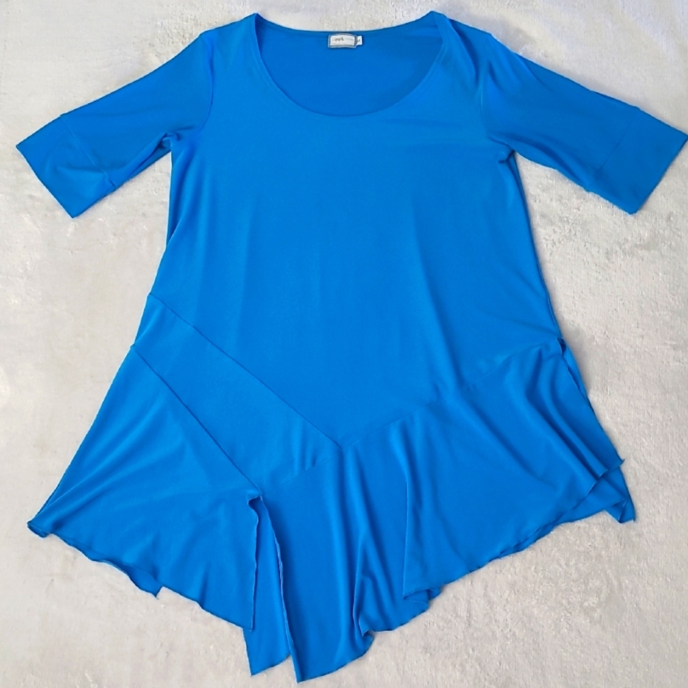 Sympli Asymmetrical Hem Tunic Top Size 6 Blue Draped Stretchy Modern Artsy Boho
